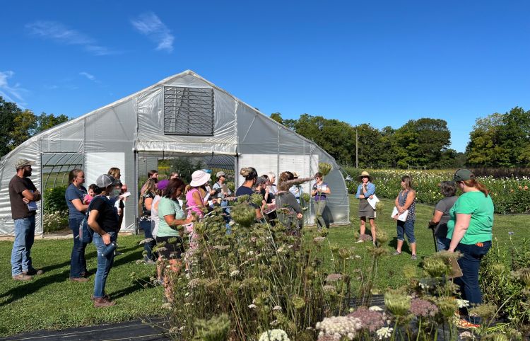 A group of people walking around a greenhouse