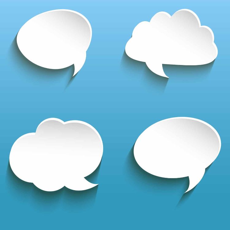 White speech bubbles on a blue background.