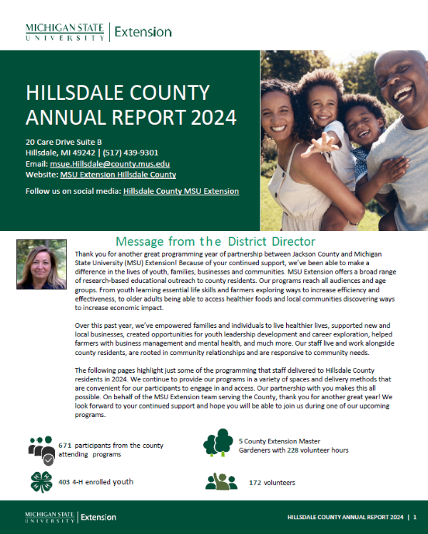 Cover photo of the annual report including director's message and office location with impact data.