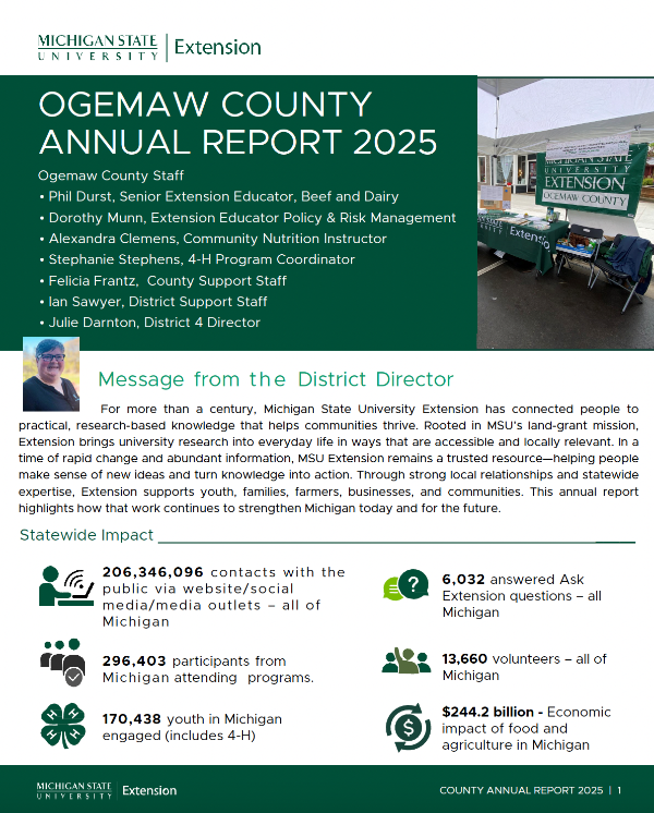 Cover photo of the 2025 annual report in green and white colors which includes data from that year's programming and a message from Julie Darnton.