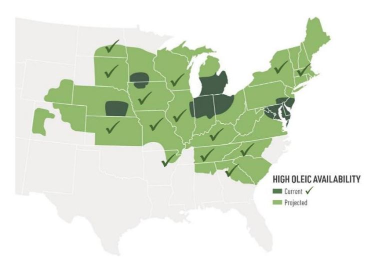 A map of the Midwest and Eastern U.S. region showing states that have current and projected availability of high oleic soybean production.