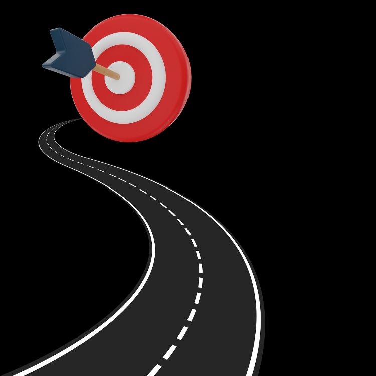 A road winding down a black screen, with a red and white bulls eye at the end with an arrow in the center.