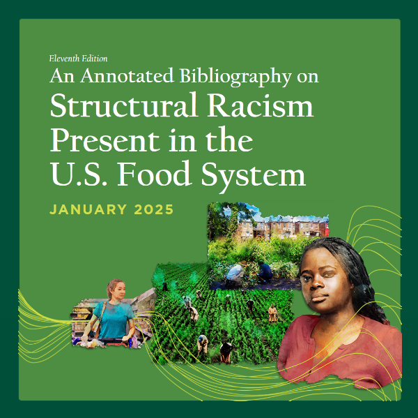 Square graphic includes silhouettes of people's heads and illustrations representing different parts of the food system. Black text on the light green background reads, 