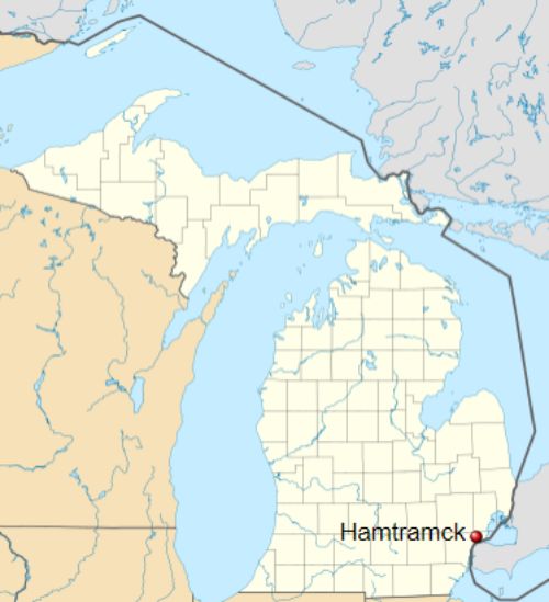 Map of Michigan with City of Hamtramck indicated in the southeast region.