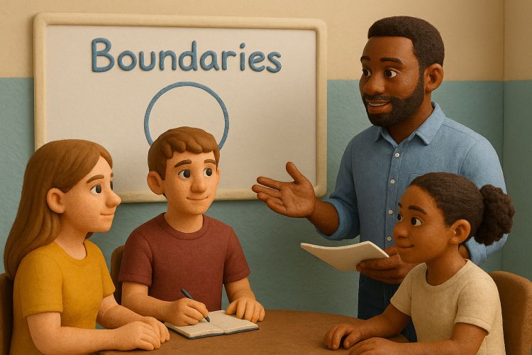 A cartoon of youth sitting at a table with an adult standing next to a white board that says 