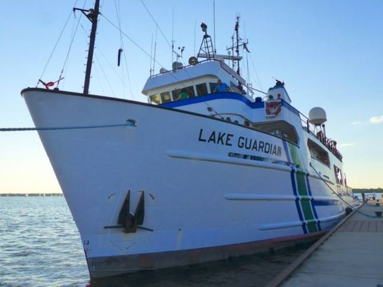 The Lake Guardian research vessel is seen looking toward the bow of the ship as it sits at dock.