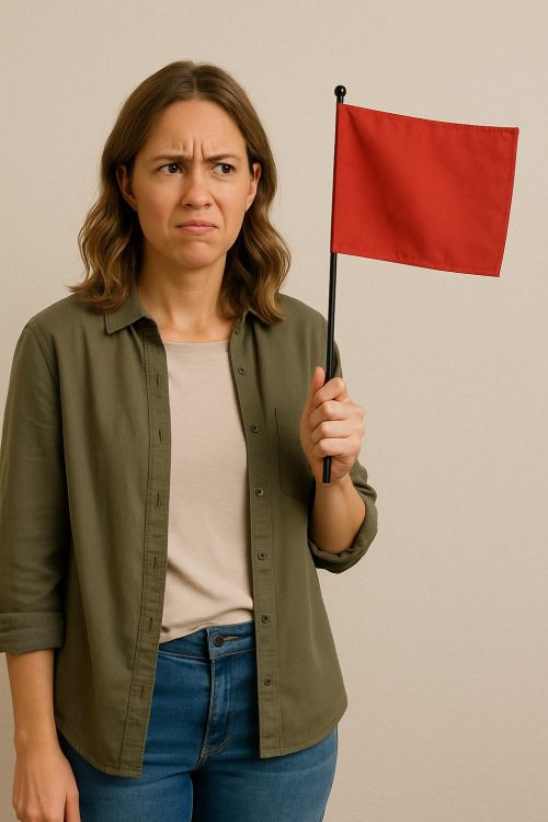 A middle aged white woman in a green shirt holding up a red flag.