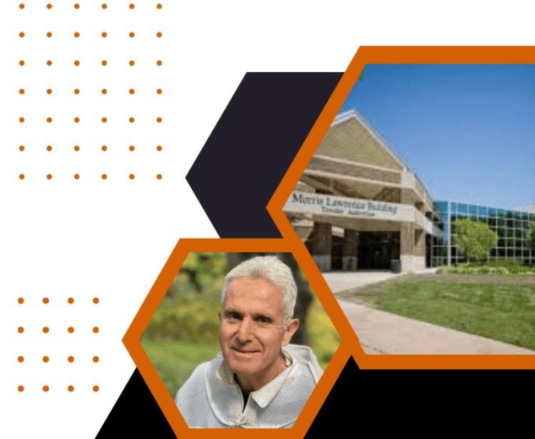 Keynote speaker Bill Hesbach and Washtenaw Community College Morris Lawrence Building.