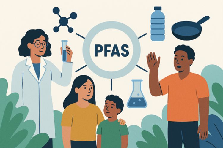 A cartoon illustration of a scientist, children, and an adult discussing the science of PFAS.