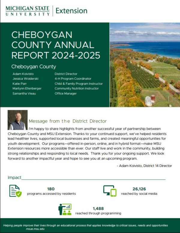 Cover photo of annual report with district director's image and local scenery