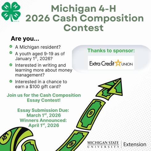 Scrolling money with details on the contest and the 4-H logo