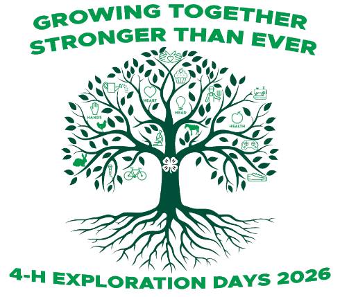 A tree with deep roots and lots of leaves with projects in the leaves. The text Growing Together Stronger Than Ever. 4-H Exploration Days 2026
