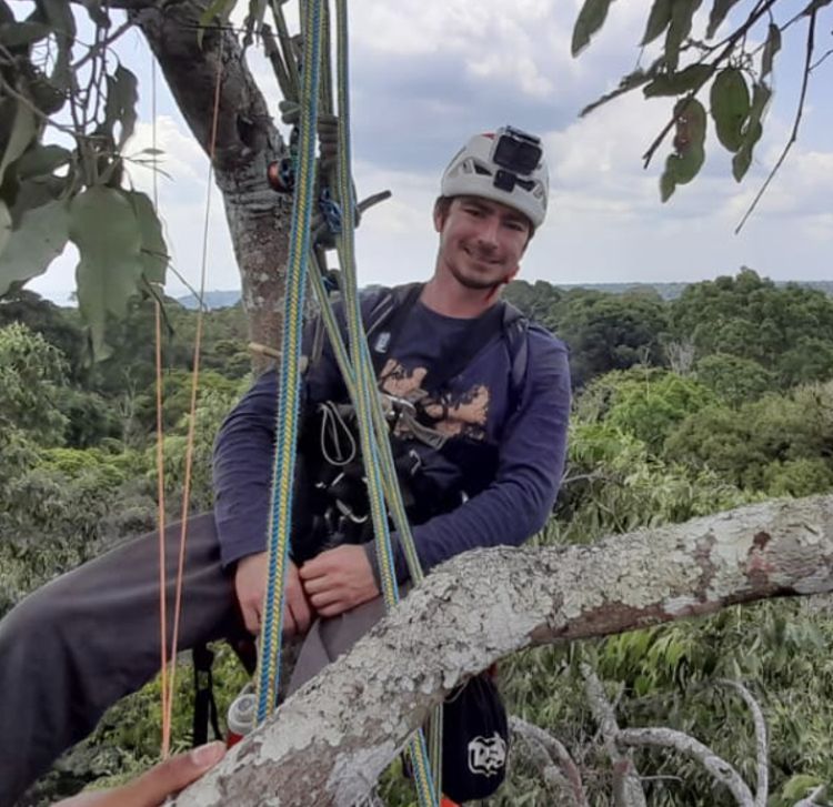 An image of Leonardo Ziccardi in tree climbing gear, suspended in a tree in a forest
