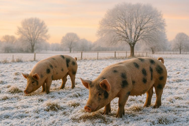 two spotted pigs standing in a snowy field