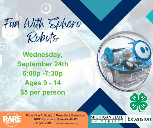Sphero robot, 4-H clover, MSU Extension logo