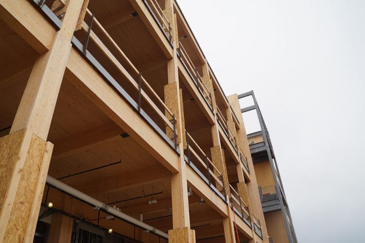 Wood frame of a tall building.