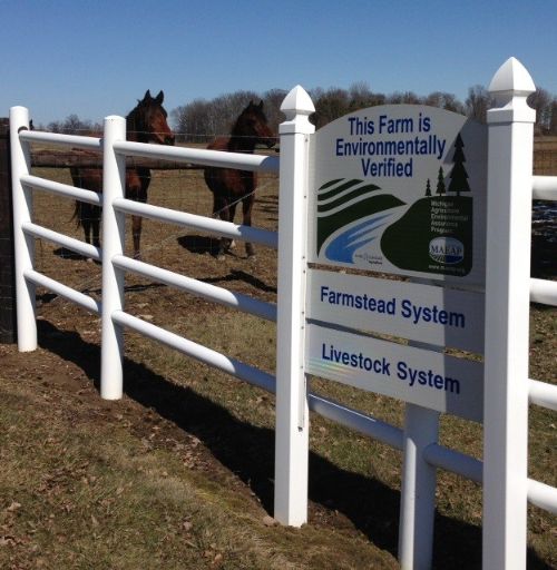Horses behind a white vinyl fence, with a MAEAP sign attached to the fence. The sign says 