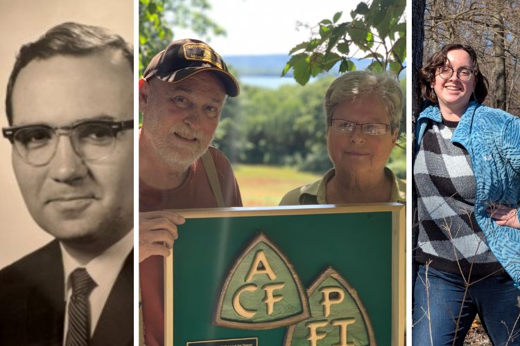 Dr. Bob Marty, Professor of Forest Economics from 1967 -1991 (left),  MSU Forestry alumnus Richard (Dick) Cooper and his late wife Jan Tennant (center) and MSU Forestry undergraduate student Rachel Adams (right).