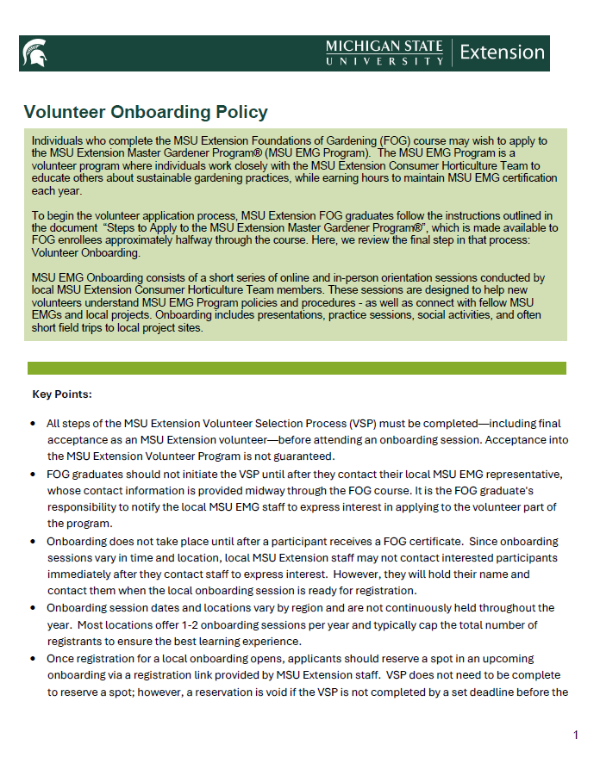 Page 1 of volunteer onboarding policy document