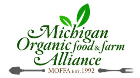 MOFFA Logo: Michigan Organic Food and Farm Alliance with 2 leaves above and and shovel and fork below. Established 1992.