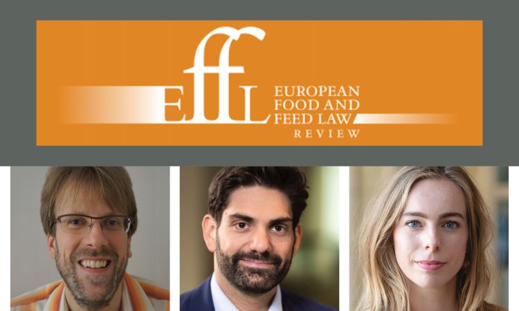 Orange and white logo for the European Food and Feed Law Review journal. Photo graphs of faces for Martin Holle, Francesco Planchenstainer, and Sarah Arayess.