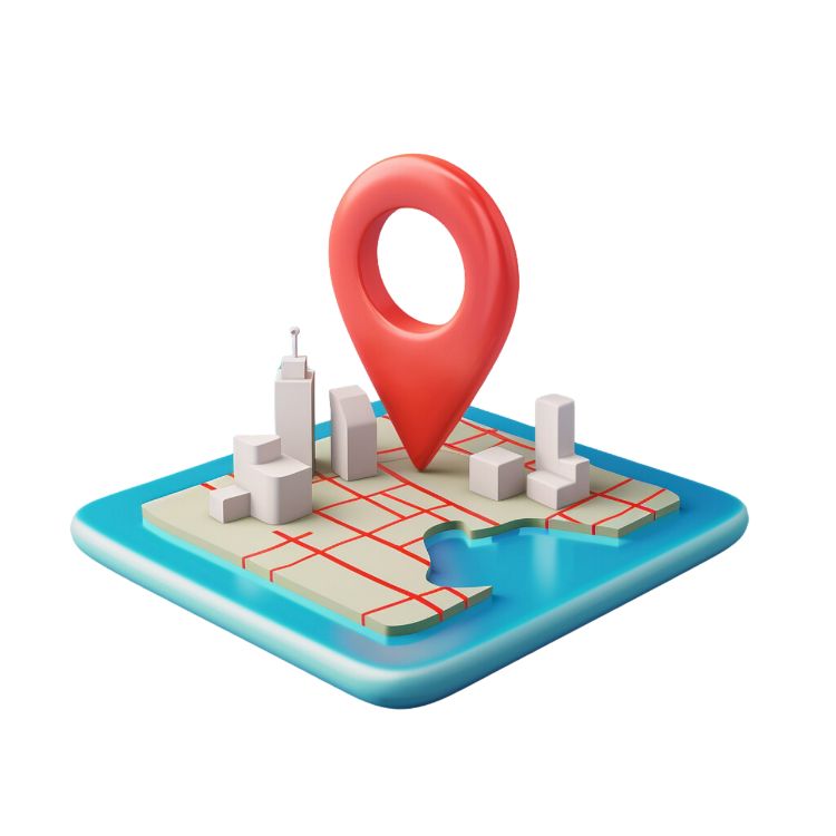 A blue square with a 3-D map on it with a big red pin point at one spot.