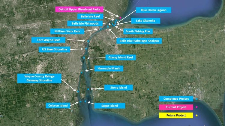 Map shows the location of habitat restoration projects along the U.S. side of the Detroit River.