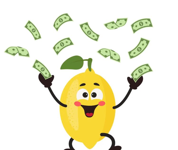 a lemon with a face, arms and legs throwing up money in the air.