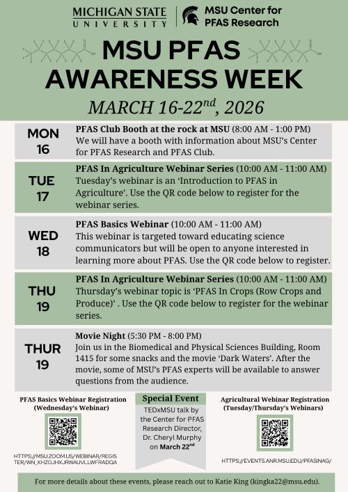 This image shows the schedule of events for PFAS Awareness Week. Events include an outreach table near the rock on campus on Monday, March 16th. PFAS-related webinars from 10-11 am on Tuesday, March 17th- Thursday, March 19th and a PFAS movie night on Thursday, March 19th from 5:30-8 pm in the Biomedical Physical Sciences Building, Room 1415.