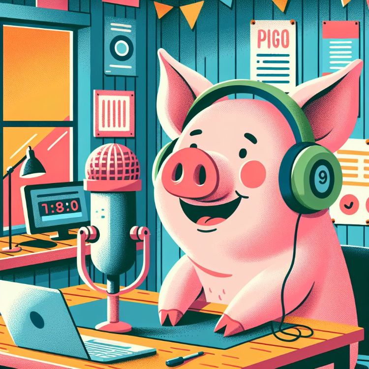 drawing of a pink Pig doing a podcast, AI-generated via Microsoft CoPilot 365