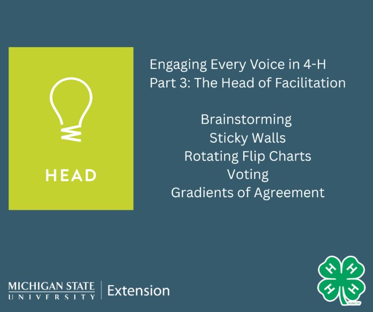 A blue background with the MSU Extension word mark and 4-H clover on bottom corners. On the left, there is a green square with a lightbulb icon and the word 