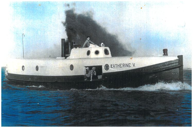 A old-fashioned postcard that appears colorized in blues shows the Katherine V on a lake.