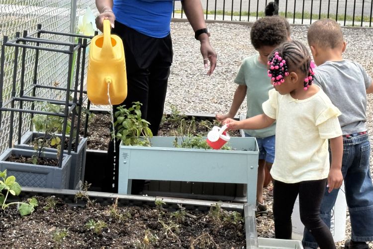 A photo of Children caring for their young plants at Bright Futures Daycare in Muskegon, MI.