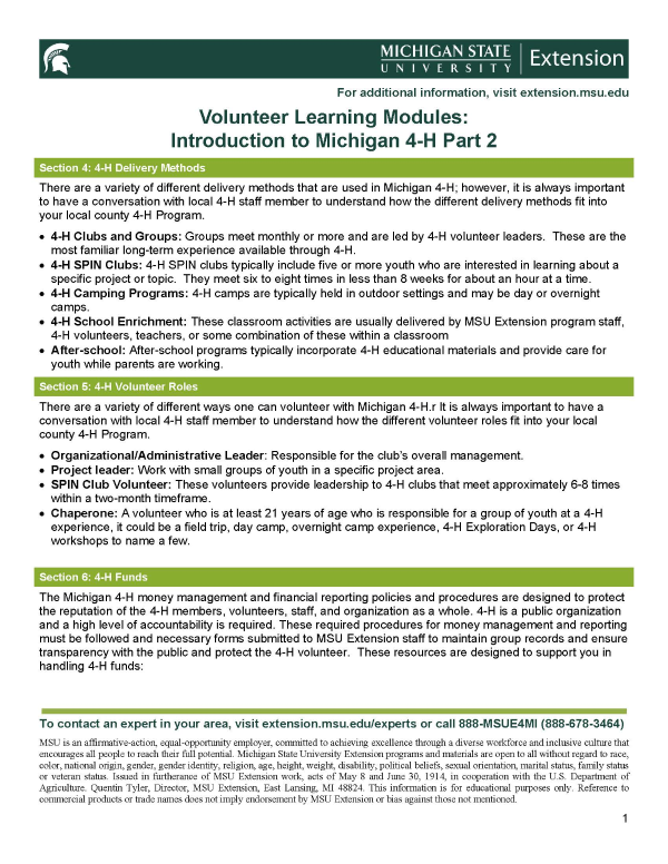 Thumbnail of Volunteer Learning Modules: Introduction to Michigan 4-H document.