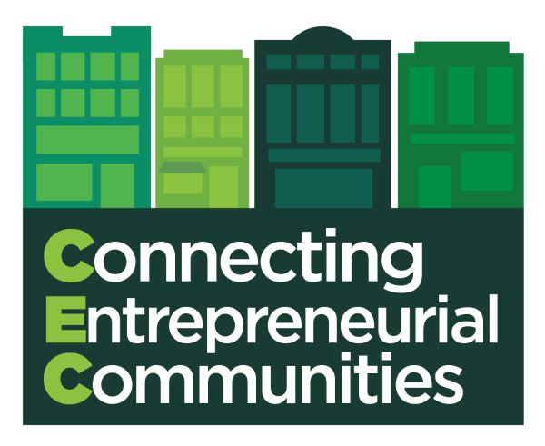 Connecting Entrepreneurial Communities logo using different shades of green with buildings the background