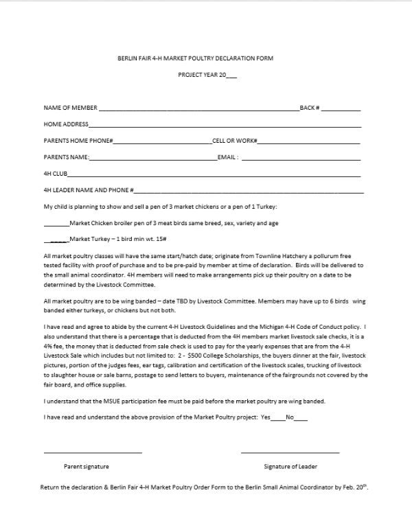 This is a picture of the Berlin 4-H Market Poultry Declaration.