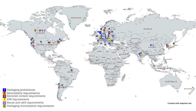 Examples of existing and emerging regulatory developments regarding packaging worldwide are indicated as 1) packaging prohibitions, 2) recyclability requirements, 3) recycled content requirements, 4) EPR requirements, 5) reuse and refill requirements, and 6) packaging minimization requirements.