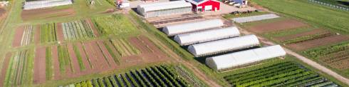Aerial view of Green Wagon Farm showing 4 high tunnels, a 3-bay gutter-connect greenhouse, a wash/pack barn, 2 caterpillar tunnels, a composting area and well-managed vegetable fields.