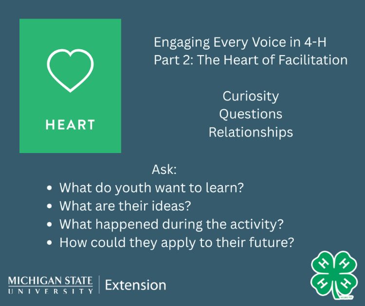 A blue background with the words: Engaging Every Voice in 4-H, Part 2: The Heart of Facilitation. Curiosity, Questions, Relationships. Ask, what do youth want to learn? What are their ideas? What happened during the activity? How could they apply to their future? The graphic also has a 4-H clover, MSU Extension wordmark and the a green heart graphic.