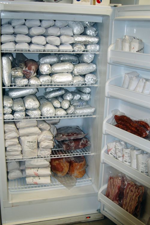 A freezer of prepared foods.