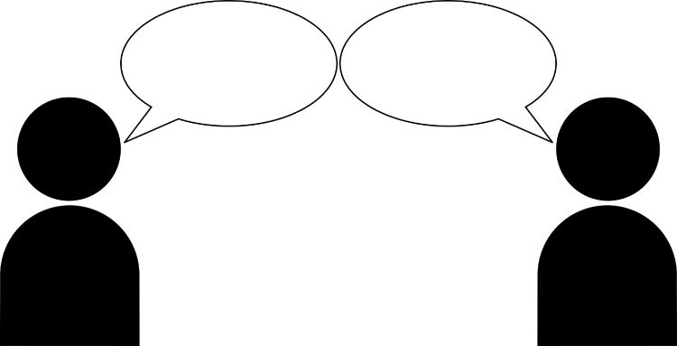 Two silhouette people with speech bubbles