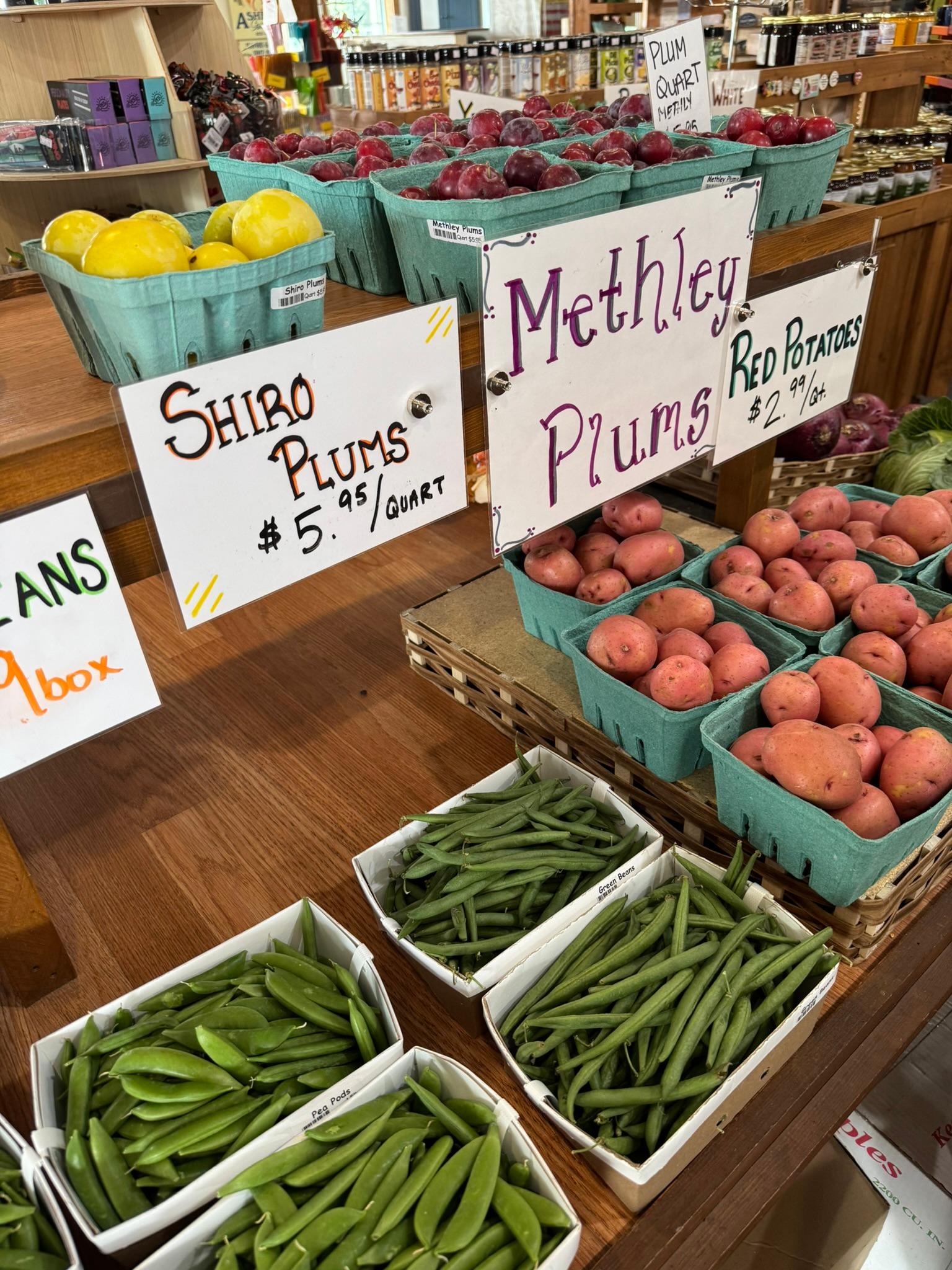 Different varieties of plums for sale at a farm market.