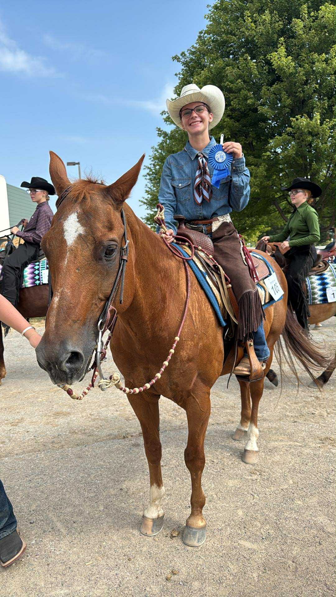 A young lady sitting on a brown horse.