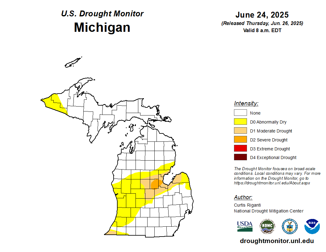 Map of Michigan showing regions with drought.