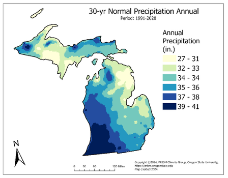 Map showing 30-year normal annual precipitation across Michigan from 1991 to 2020, with color-coded ranges from 27 to 41 inches. Darker blue shades indicate higher precipitation in southern Michigan, while lighter shades in northern regions show lower rainfall.