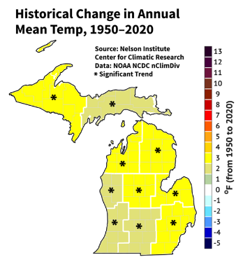 A map showing historical change in annual mean temperature across Michigan from 1950 to 2020, with color gradient from light yellow to beige indicating temperature increase in degrees Fahrenheit. Black asterisks mark regions with significant warming trends, highlighting widespread temperature rise throughout the state.