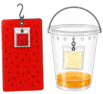 llustration of two common spotted wing drosophila monitoring traps: a red sticky card trap with a lure attached and a clear bucket trap containing liquid bait with a hanging lure.