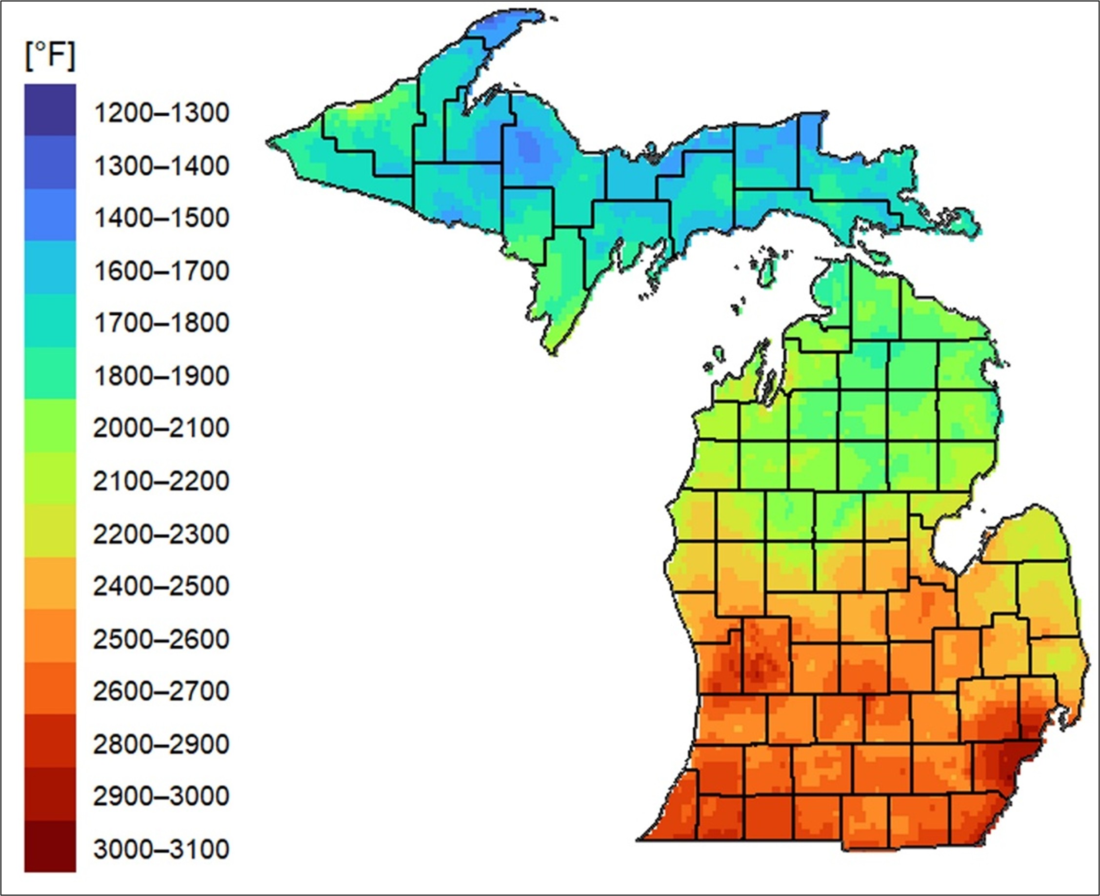 Color-coded map of Michigan showing accumulated growing degree days (&deg;F) by region. Cooler totals (about 1200&ndash;1700 GDD) appear in the Upper Peninsula and northern Lower Peninsula in blue and green shades, while warmer totals (about 2400&ndash;3100 GDD) appear in southern Michigan in yellow, orange, and red shades. A legend on the left displays GDD ranges from 1200&ndash;1300 up to 3000&ndash;3100&deg;F.