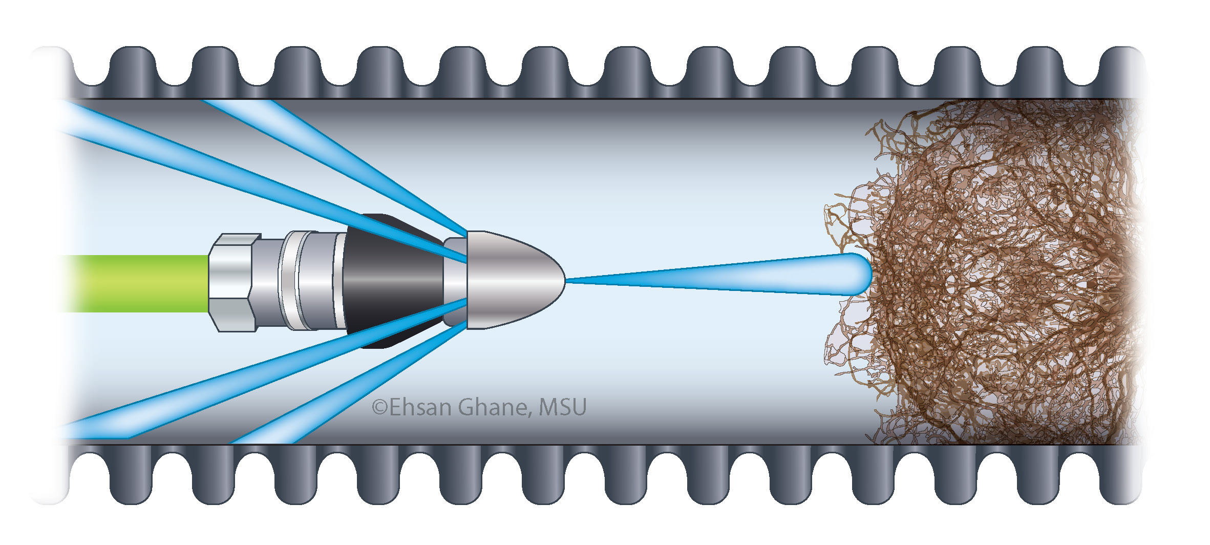 Diagram of water jets coming out of the sprayer nozzle for flushing the weather roots.