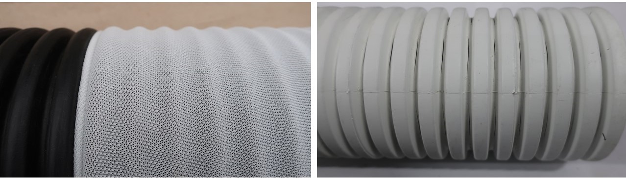 Figure 6- Left: A photo of a knitted-sock envelope wrapped around a regular-perforated pipe. Right: A close-up photo of a knitted-sock envelope that retains fine sand and silt outside of the pipe and allows clay particles to pass through.